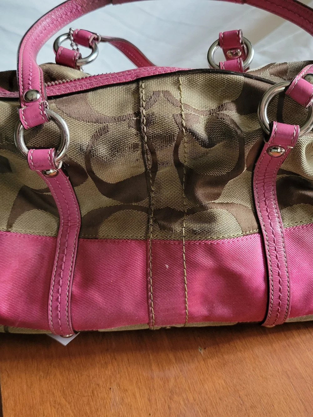Coach Brown Logo Satchel with Pink Leather Trim